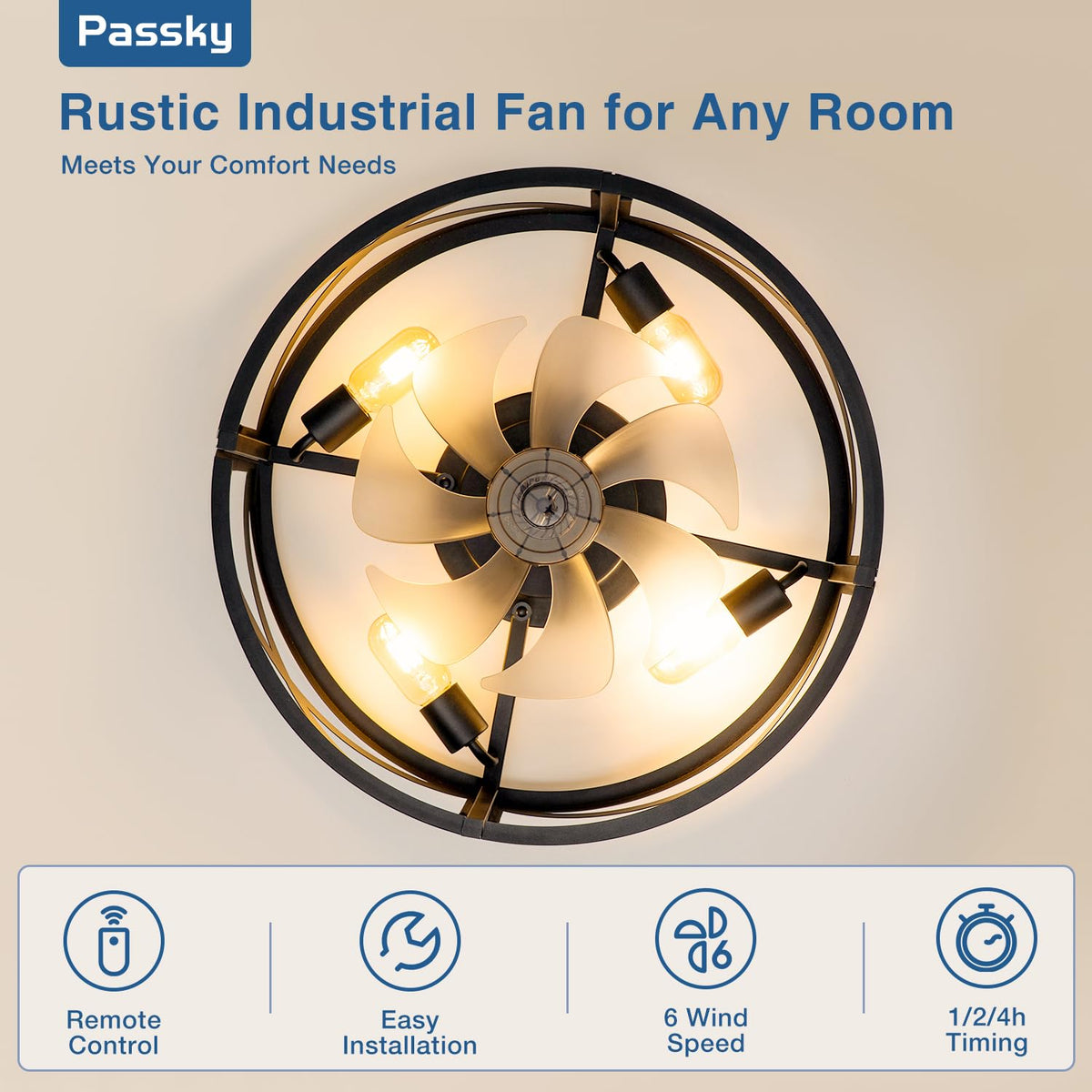 Passky 20" Caged Ceiling Fans with Lights and Remote, Low Profile Fandelier