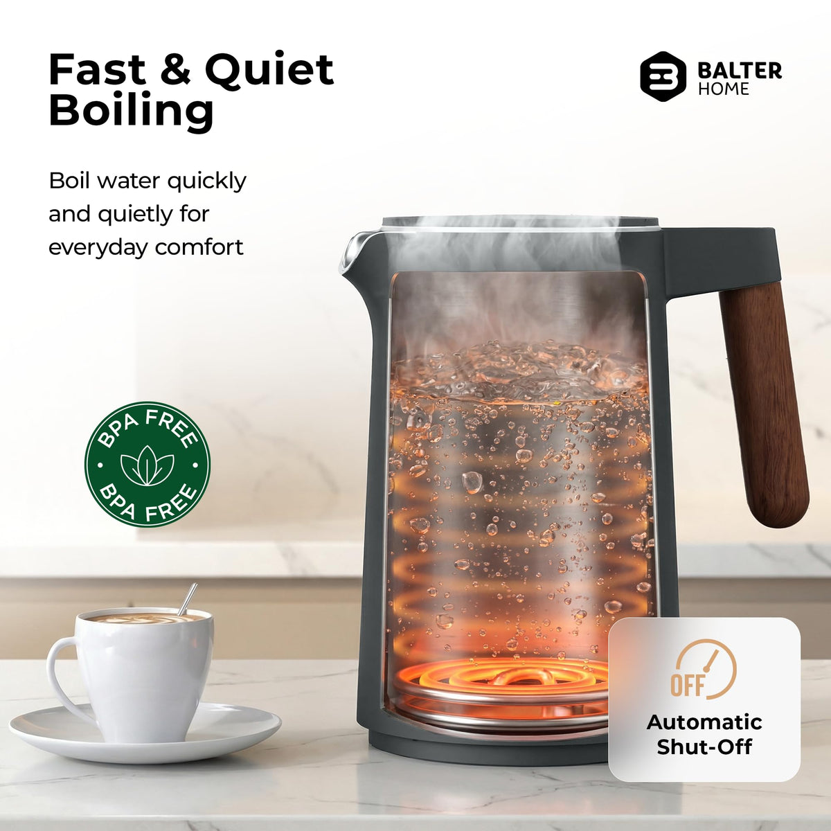 BALTER Electric Kettle with Temperature control, 113 °F – 212 °F, Tea pot, Stainless steel, double wall water kettle, BPA-free, 1.5 L, Black