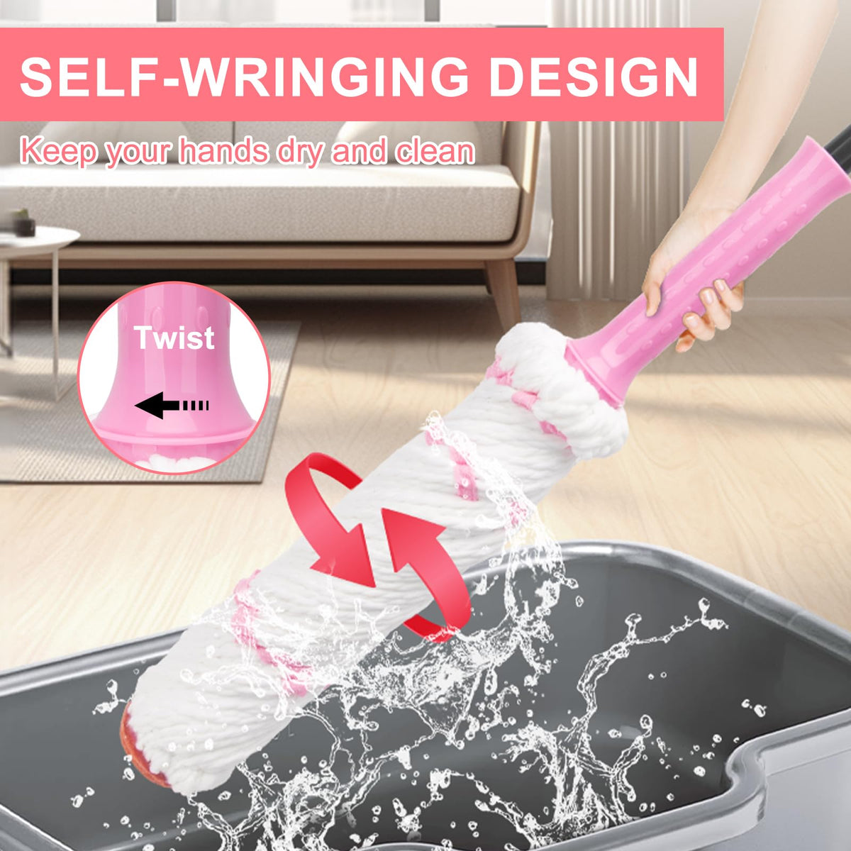 Self-Wringing Twist Mops for Floor Cleaning, Microfiber Floor mop with 57 " Long Handle, Easy Wringing Mop for Hardwood Commercial Household Clean