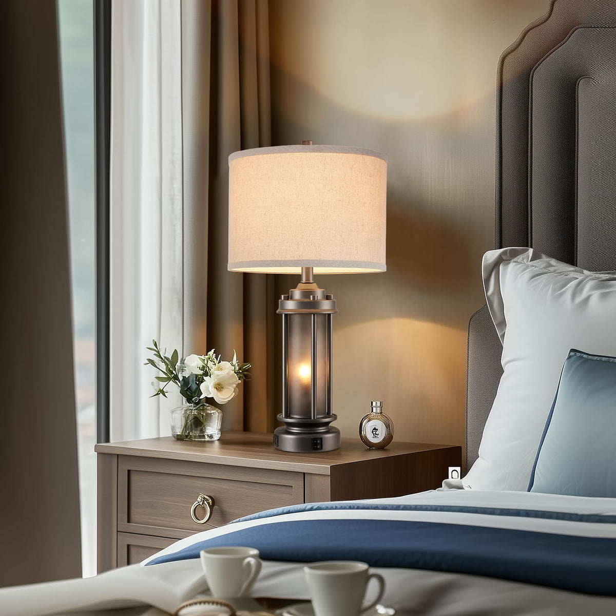 AIEAMPDO 25'' Set of 2 Farmhouse Table Lamps for Living Room with USB C+A