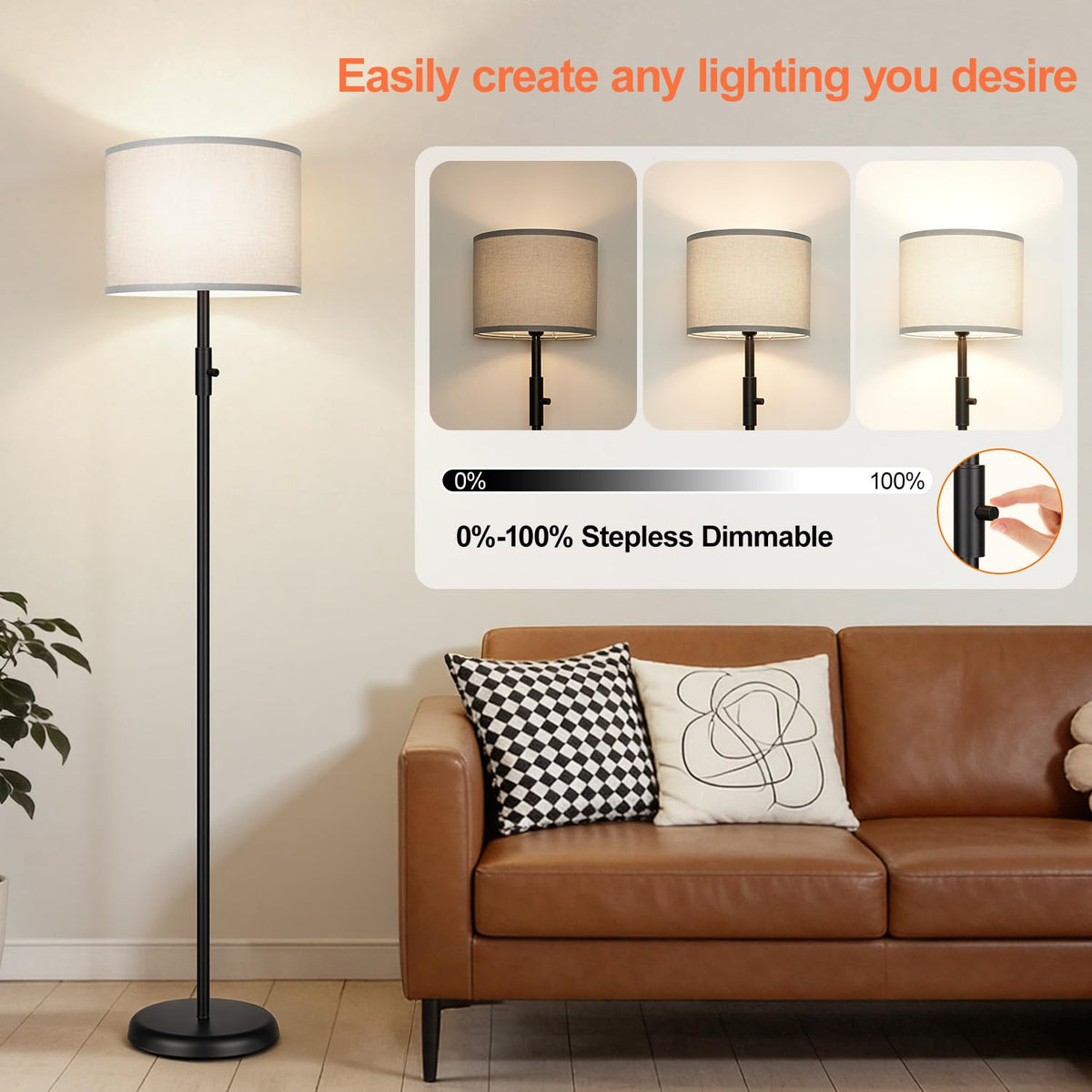 【Upgraded】 Dimmable Floor Lamp for Living Room,1000 Lumens Bulb Included, Modern Floor Lamps Simple Design with Linen Shade, Tall Standing Lamp for Bedroom Office Dining Room, Black Pole Lamp