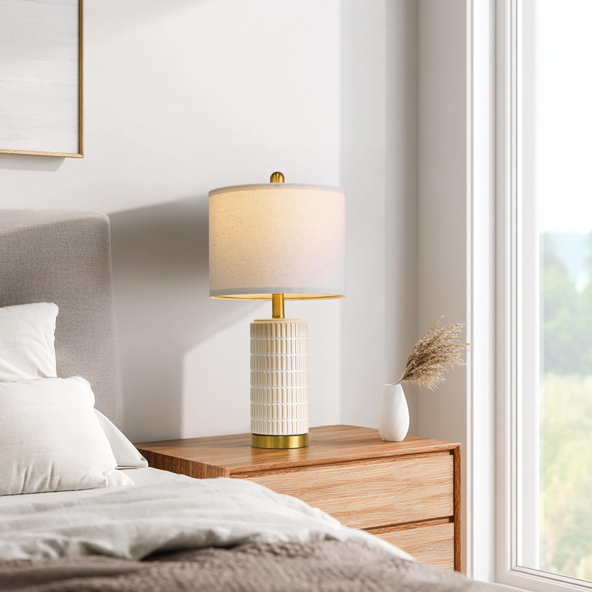 PoKat 20.75" Small Modern Ceramic Table Lamps Set of 2 for Bedroom, White