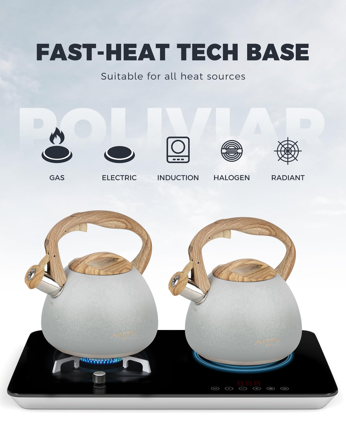 POLIVIAR Tea Kettle, 2.7 Quart Natural Stone Finish with Wood Pattern Handle Loud Whistle Food Grade Stainless Steel Teapot, Anti-Hot Handle and Anti-Rust, Suitable for All Heat Sources (JX2018-GR20)
