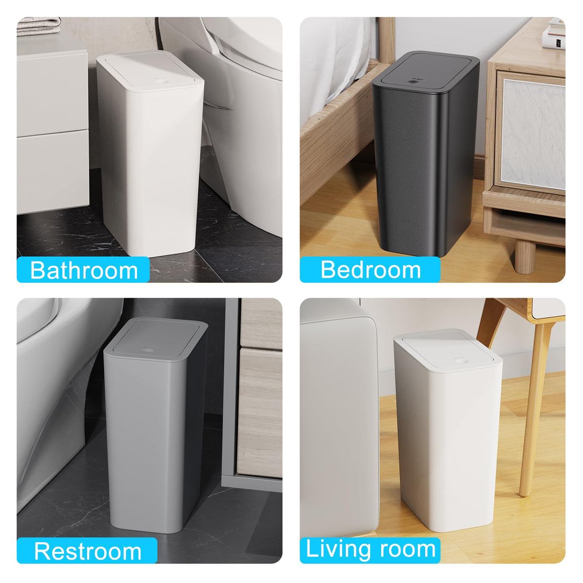 N. NETDOT 3 Pack 10L / 2.6 Gallon Small Trash Can with Lid, Bathroom Garbage Can with Pop-Up Lid, Waste Basket for Bathroom, Kitchen, Bedroom, Powder Room, Craft Room, Office, College (Off White)