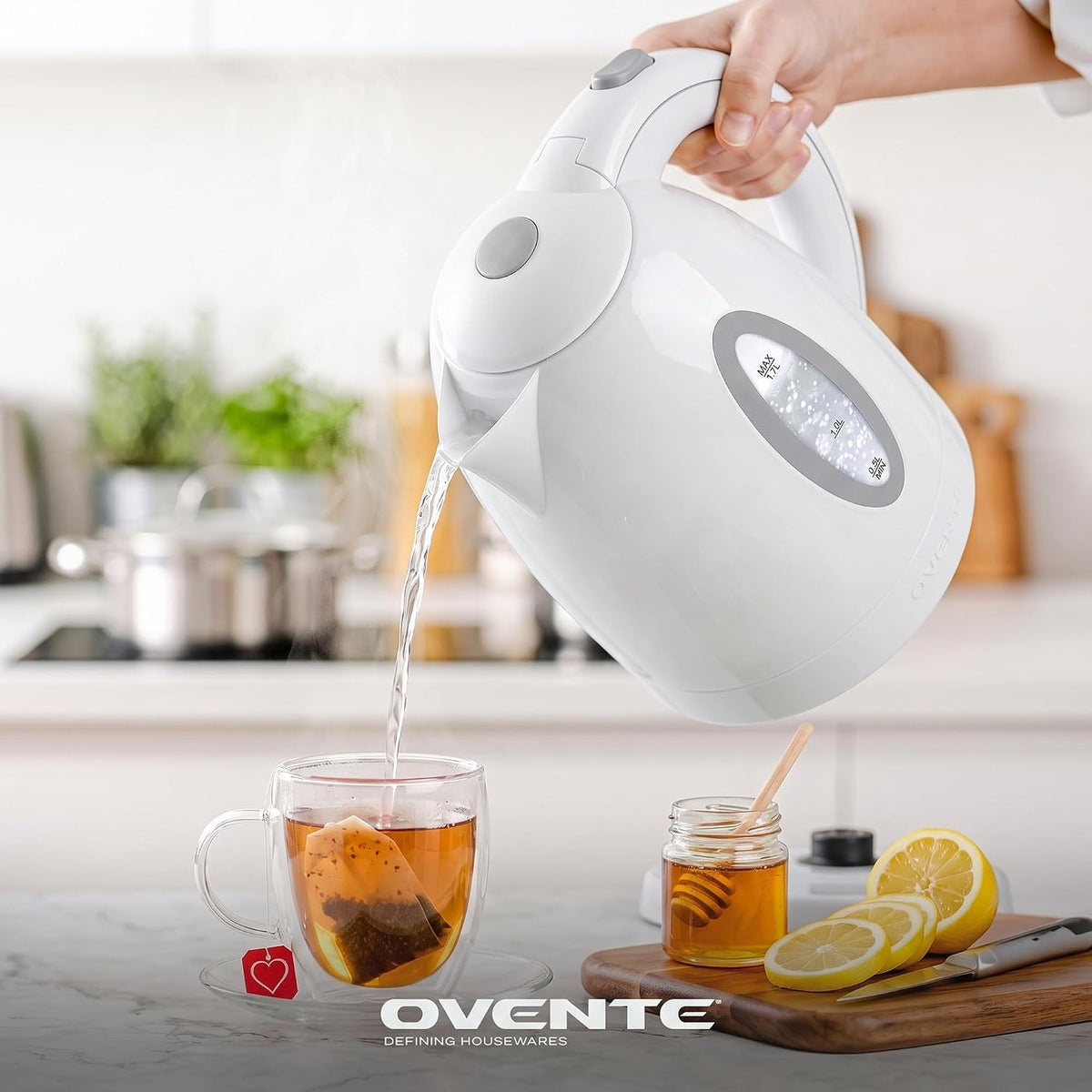 OVENTE 1.7L Electric Tea Kettle, Fast Boiling Water Heater, White KP72W