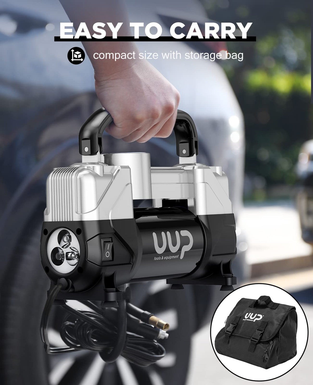 Portable 12V Air Compressor, 150 PSI Tire Inflator with Dual Cylinders
