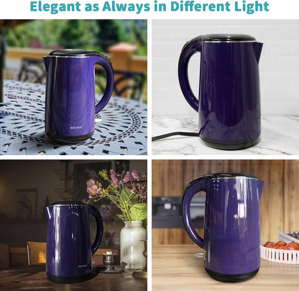 Secura Original Stainless Steel Double Wall Electric Water Kettle 1.8 Quart with Auto Shut-Off & Boil-Dry Protection, Dark Purple SWK-1701DP/HB-3227B