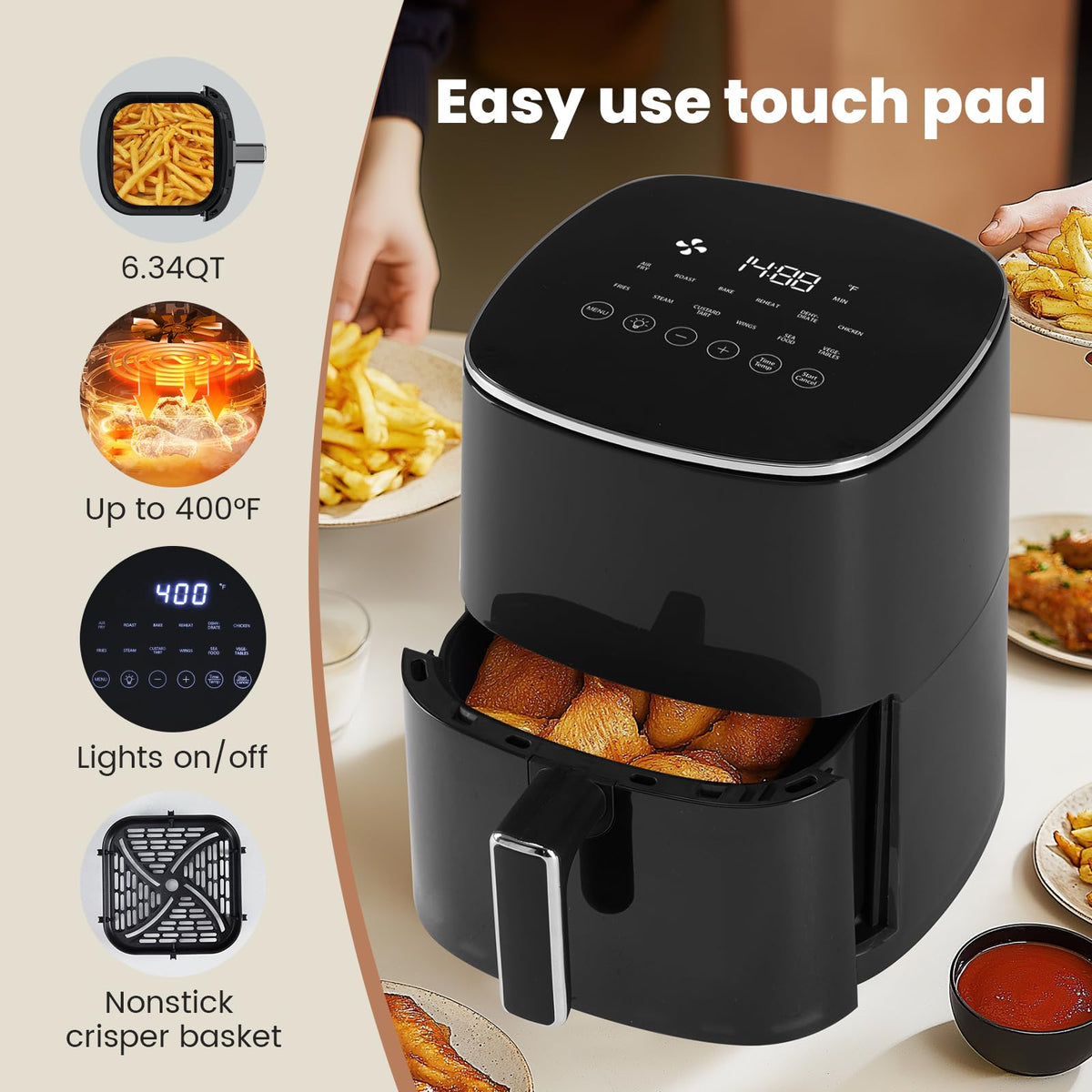 Sweetcrispy Air Fryer 6 Quarts with Window, 12-in-1 Square Airfryer Oven for Family, 400°F Rapid Air Crispy Technology, Roast Bake Dehydrate, Nonstick & Easy-Clean Basket