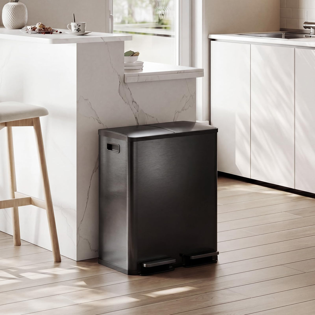 NEWBULIG 16 Gallon Dual Compartment Kitchen Trash Can, Stainless Steel, 60L