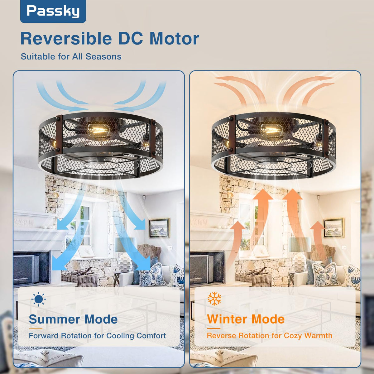 Passky 20" Caged Ceiling Fans with Lights and Remote, Low Profile Fandelier