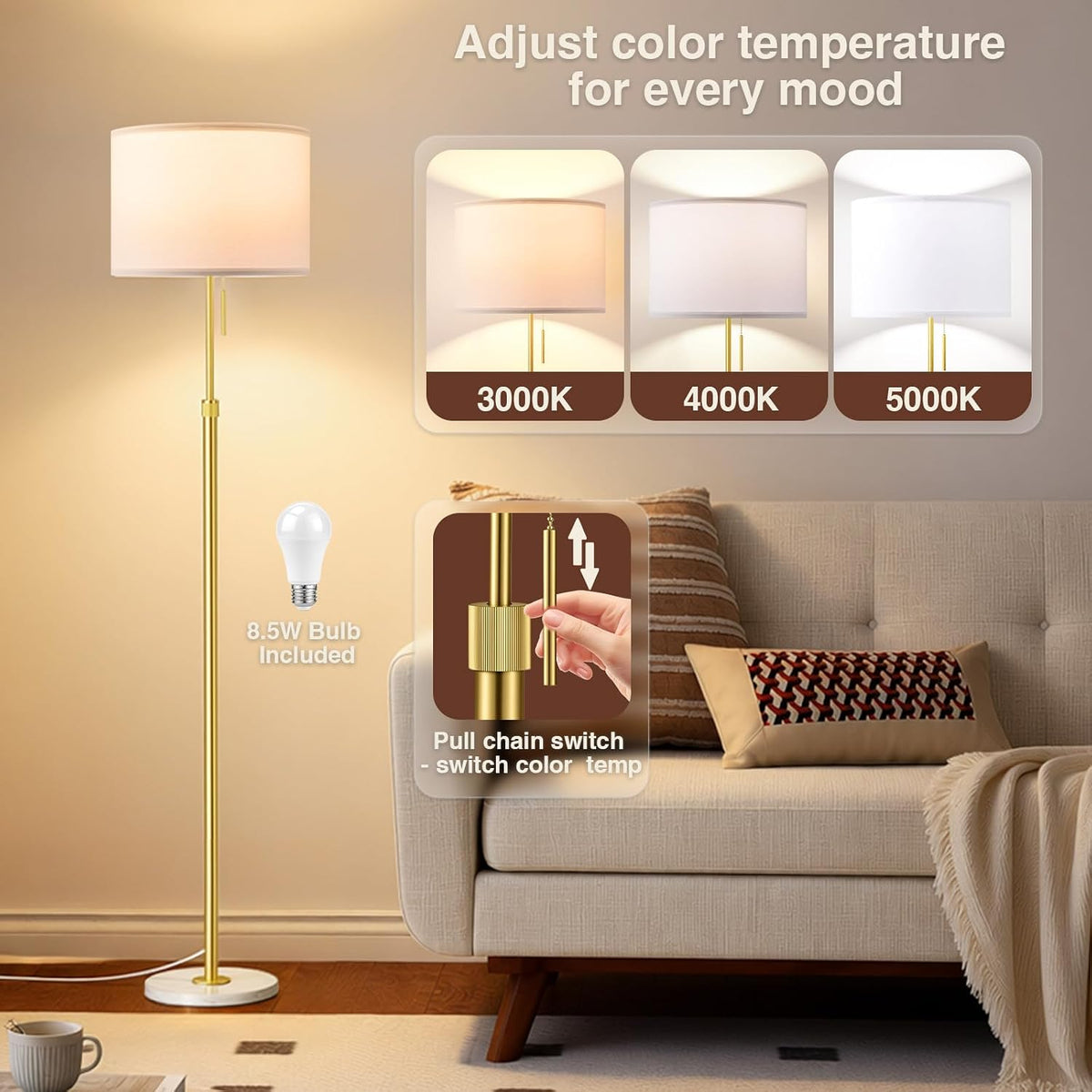 Modern Floor Lamp Simple Design with White Shade & Foot Pedal Switch