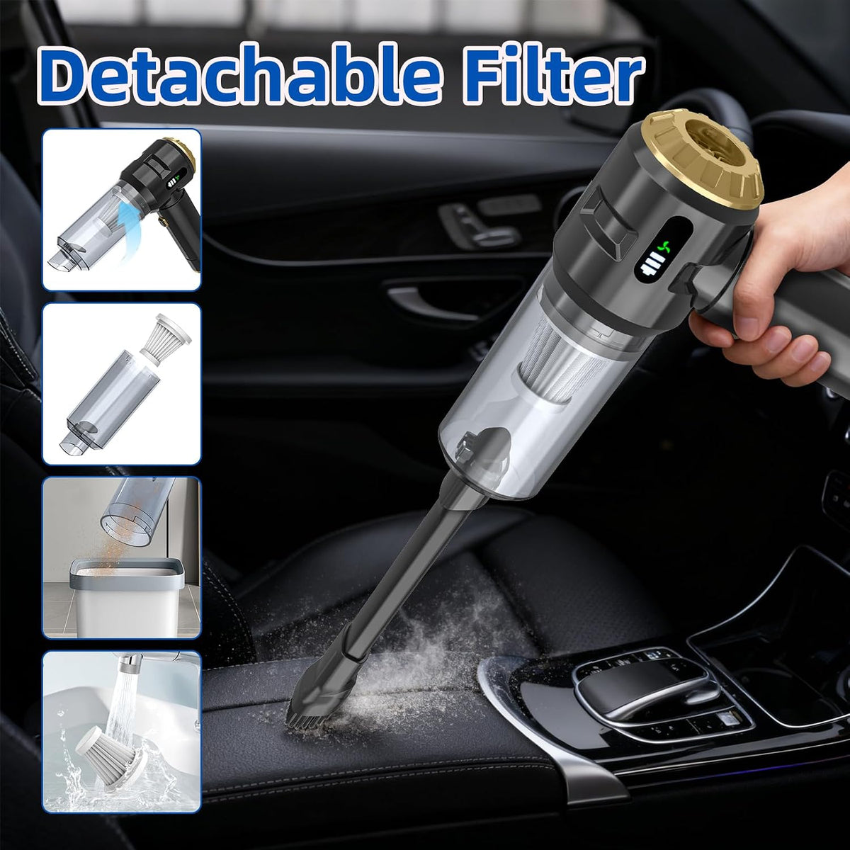 Handheld Car Vacuum Cleaner, 25000PA Strong Cyclonic Suction Portable Mini Vacuum Cordless with Digital Display Lightweight Handheld for Pet Hair, Car, Home, Office, Kitchen(Silver)