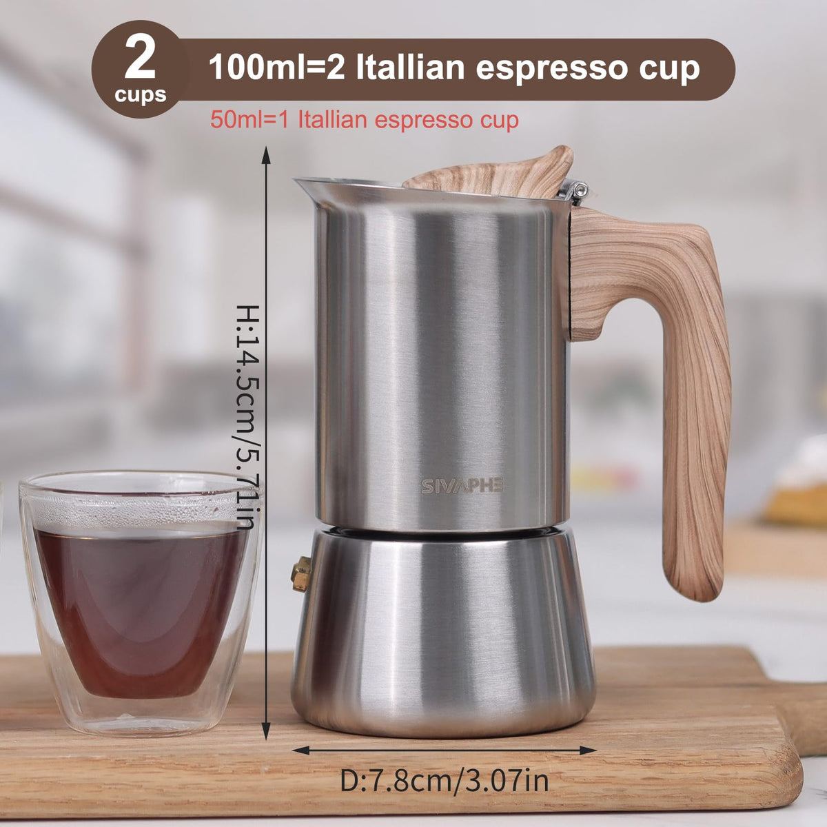 Sivaphe4 cups Stainless Steel Stovetop Espresso Coffee Maker | Induction Support 10 oz Intalian Moka Pot | Durable Cuban Coffee Maker 200ml(1 Cup=50ml)
