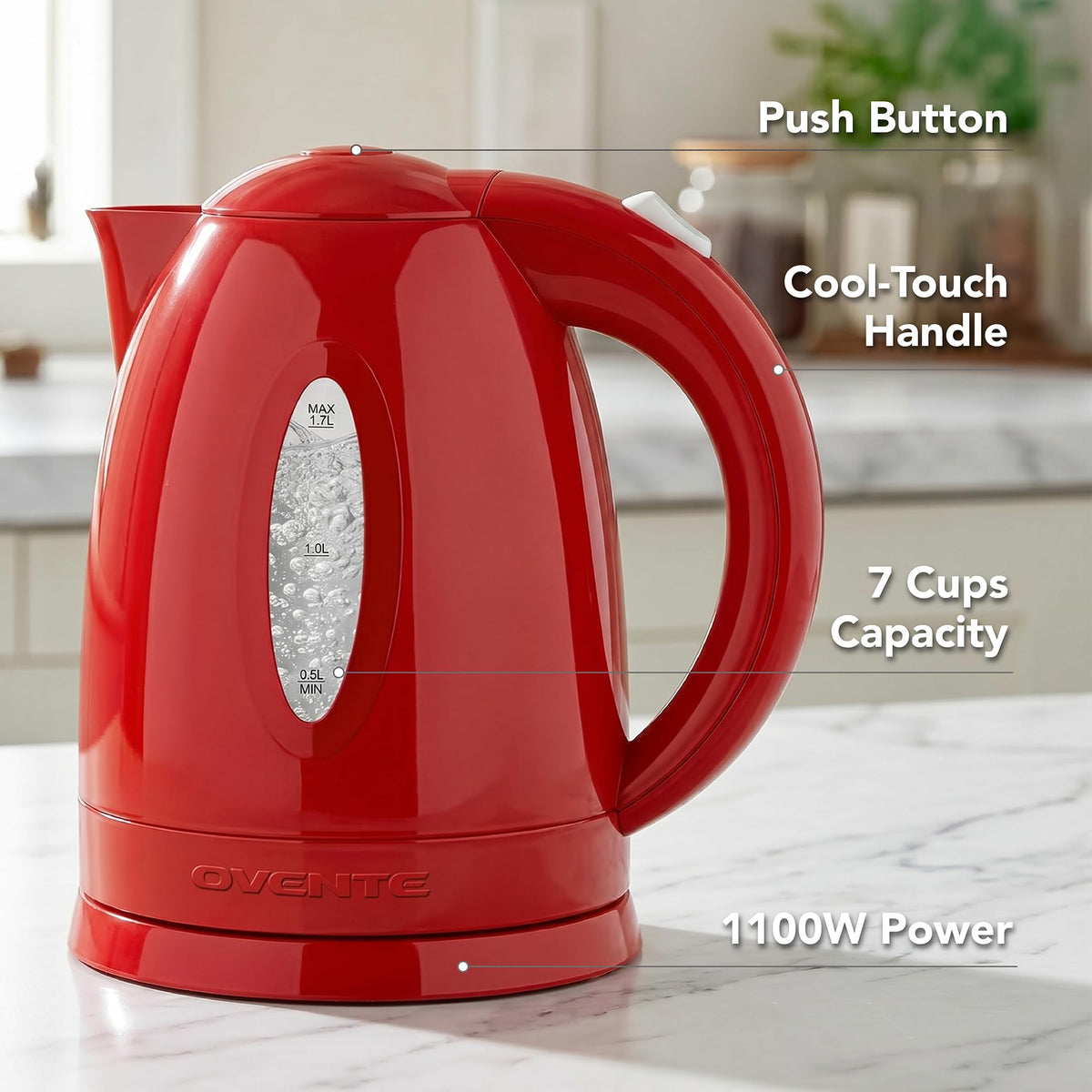 OVENTE 1.7L Electric Tea Kettle, Fast Boiling Water Heater, White KP72W