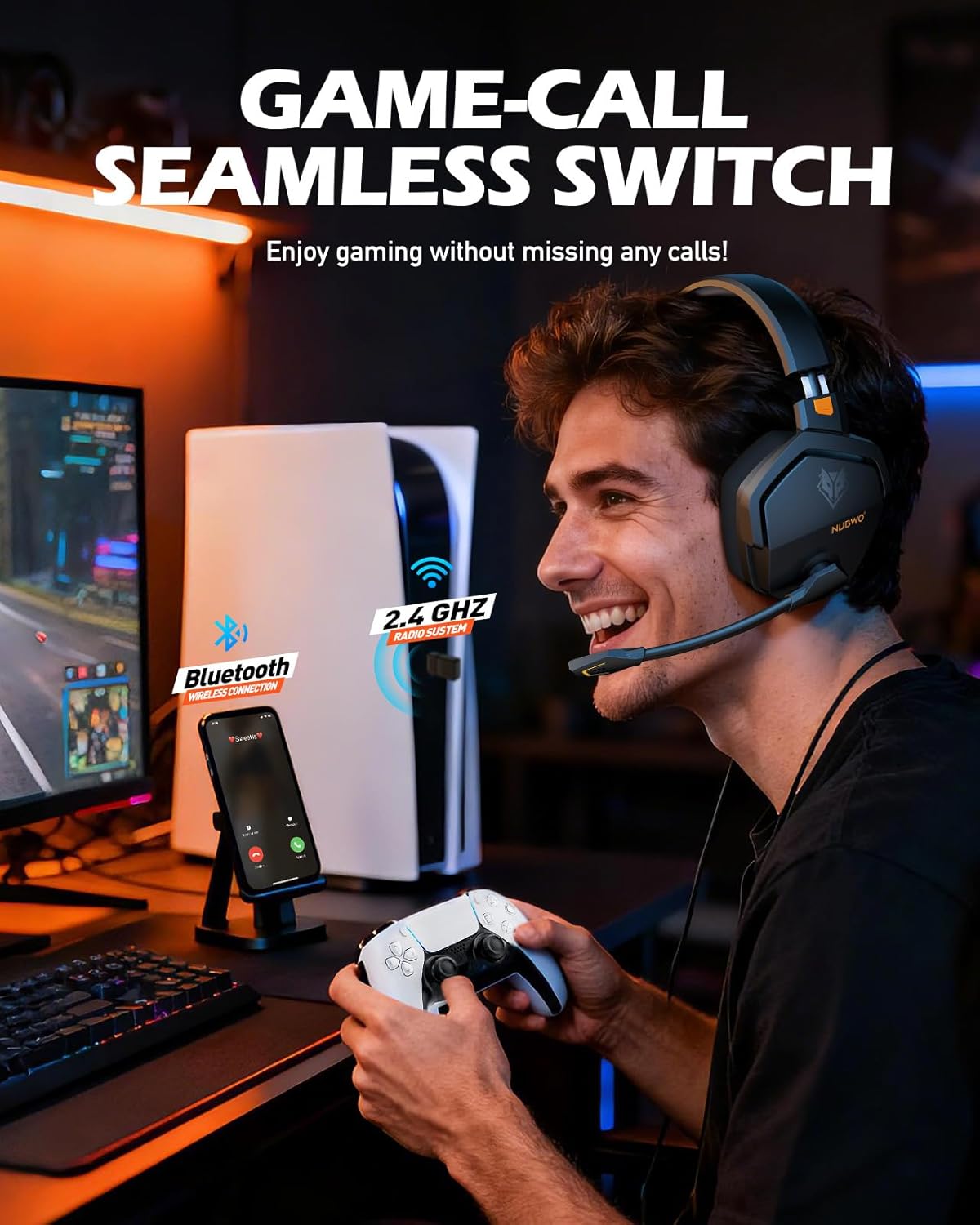 NUBWO Wireless Gaming Headset with Mic for Ps5 Ps4 PC, Zero Interference, 100-Hour Battery All-Day Play, 23ms Sync for Fortnite & Call of Duty/FPS Gamers, Triple Mode All Devices Compatible - Orange