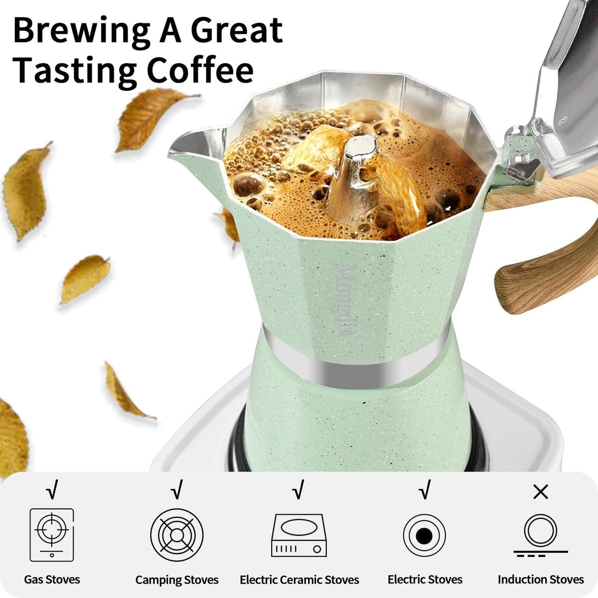 Mongdio Stovetop Espresso Maker Moka Pot, Cuban Coffee Maker Stove Top Coffee Maker Moka Italian Espresso Greca Coffee Maker Brewer Percolator, 6 Espresso Cups, 10 oz - Black
