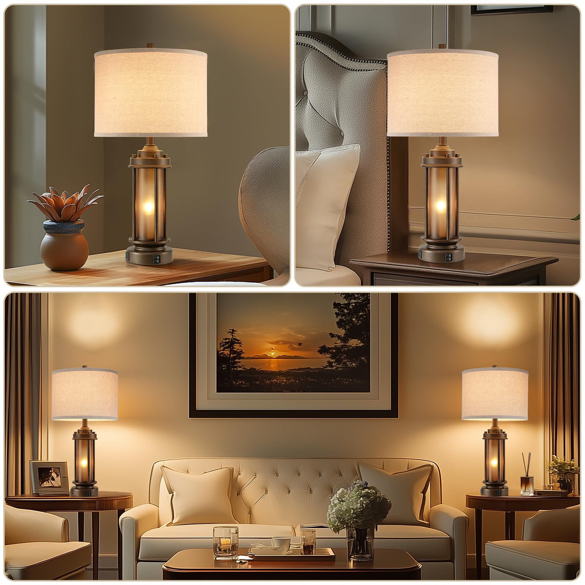 AIEAMPDO 25'' Set of 2 Farmhouse Table Lamps for Living Room with USB C+A
