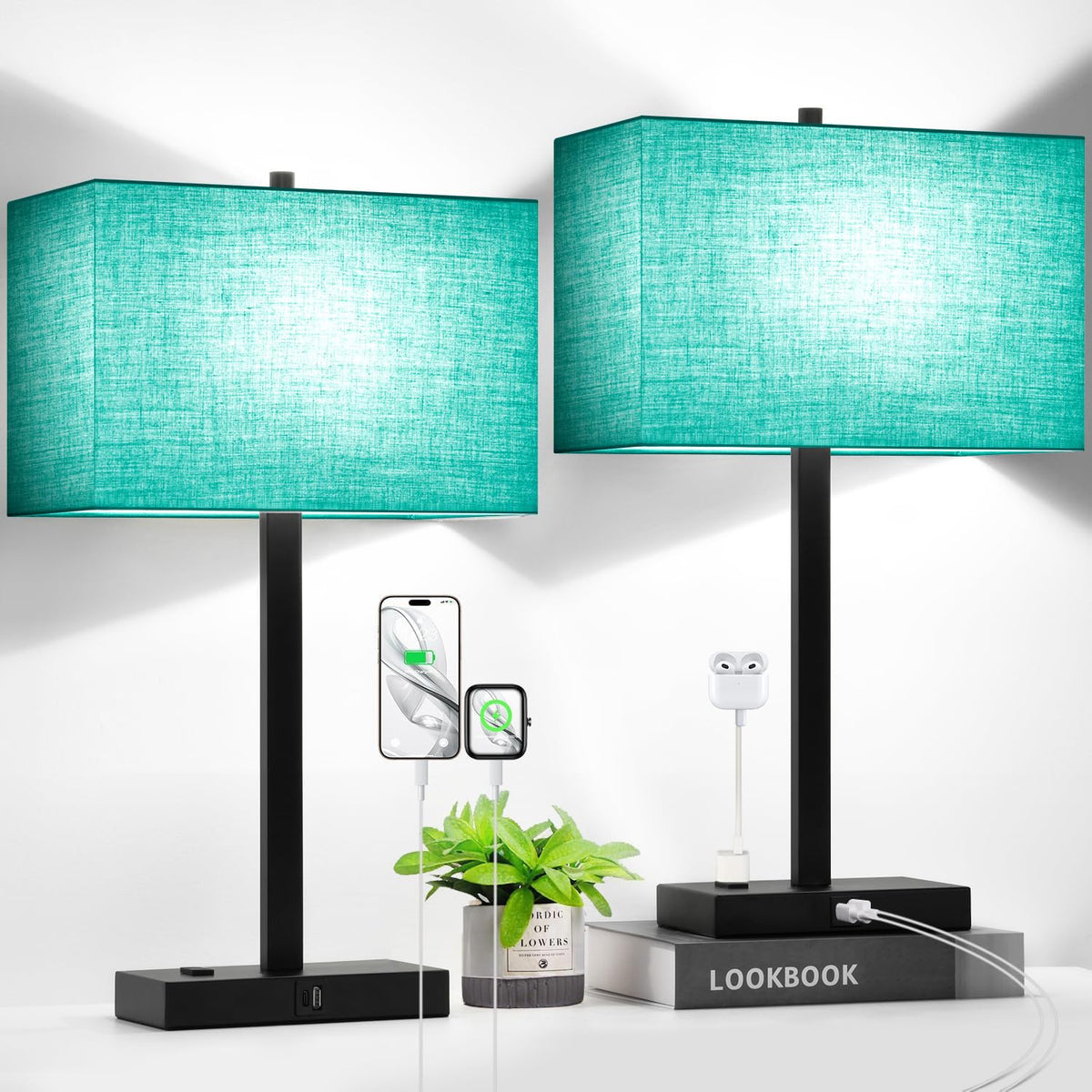 Lynnoland Set of 2 Touch Control Table Lamps with 2 USB & AC Outlet, 3-Way Dimmable Bedside Nightstand Lamps for Bedroom Living Room Nursery, 800 Lumens 5000K Daylight Bulbs Included