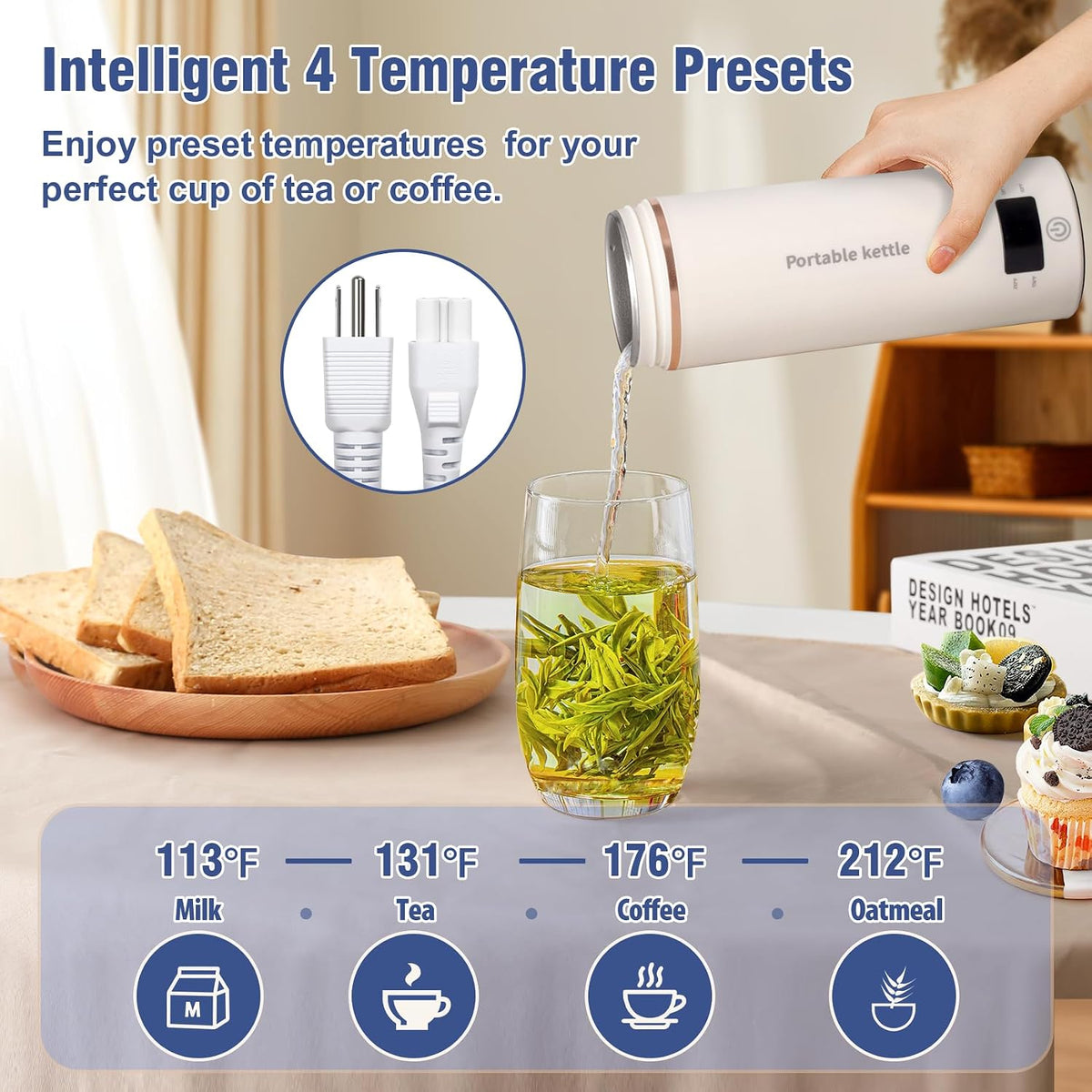 Portable Electric Kettle for Travel 120V, 13.5oz, 4 Temp Settings