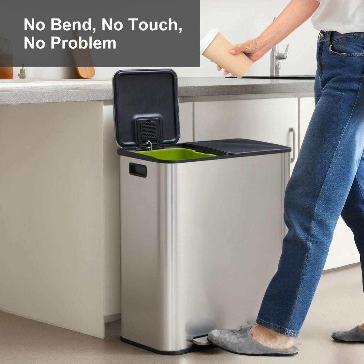 NEWBULIG 16 Gallon Dual Compartment Kitchen Trash Can, Stainless Steel, 60L
