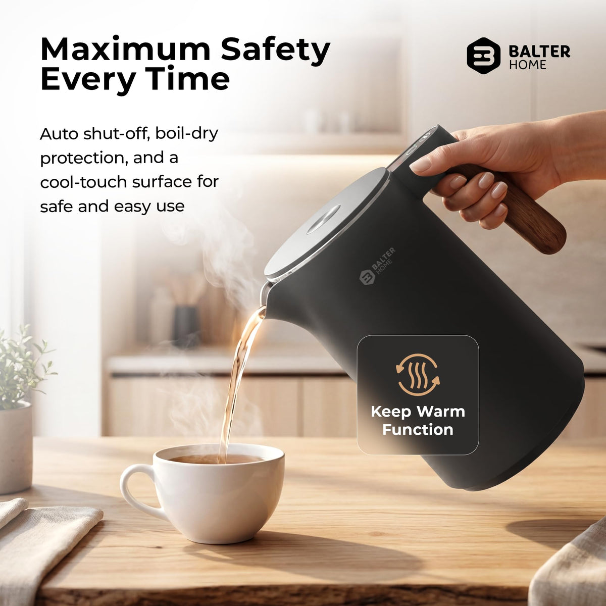 BALTER Electric Kettle with Temperature control, 113 °F – 212 °F, Tea pot, Stainless steel, double wall water kettle, BPA-free, 1.5 L, Black