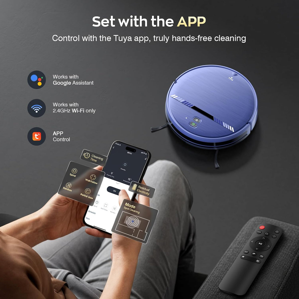 Robot Vacuum and Mop, Strong Suction, App Control, Pet Hair, Self-Charging