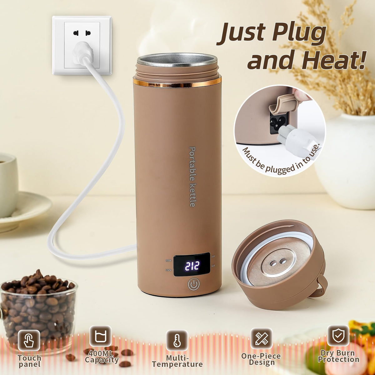 Portable Electric Kettle for Travel 120V, 13.5oz, 4 Temp Settings