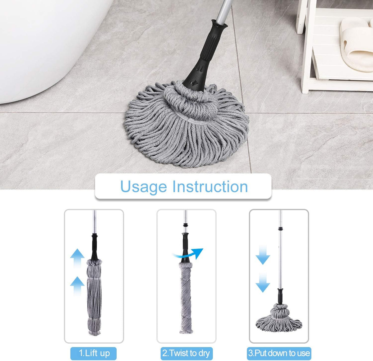 Eyliden Mop with 2 Reusable Microfiber Heads, Easy Wringing Twist Mop