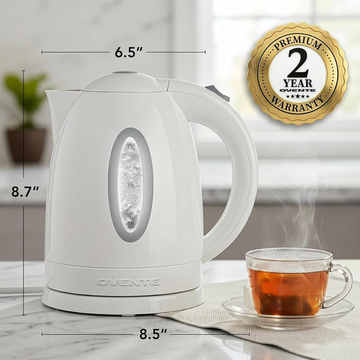 OVENTE 1.7L Electric Tea Kettle, Fast Boiling Water Heater, White KP72W