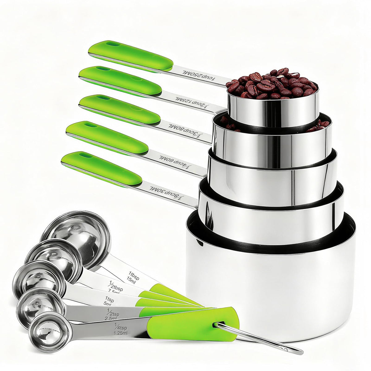 10-Pcs Stainless Steel Measuring Cups & Spoons Set, Colorful Handles