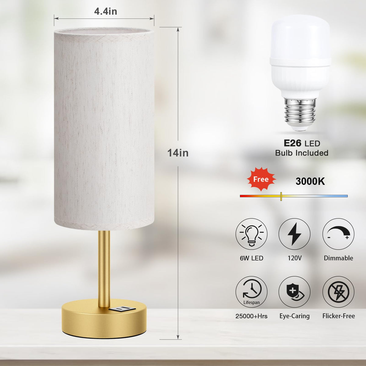 Dicoool Bedside Table Lamp for Bedroom - 3-Way Dimmable Touch Lamp, USB A+C