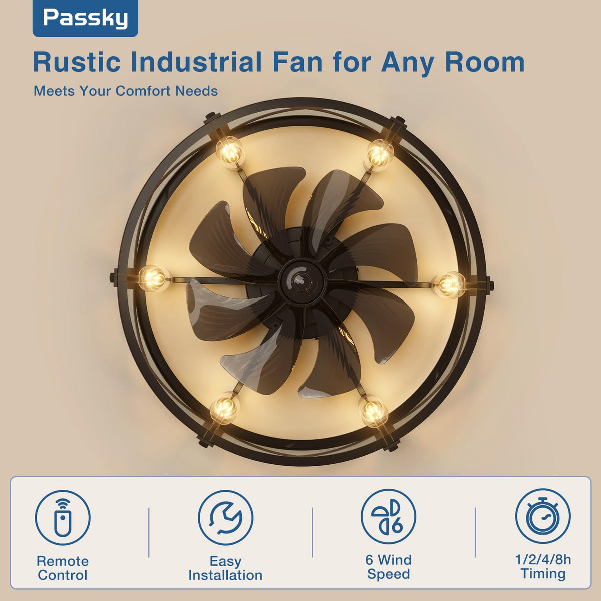 Passky 20" Caged Ceiling Fans with Lights and Remote, Low Profile Fandelier