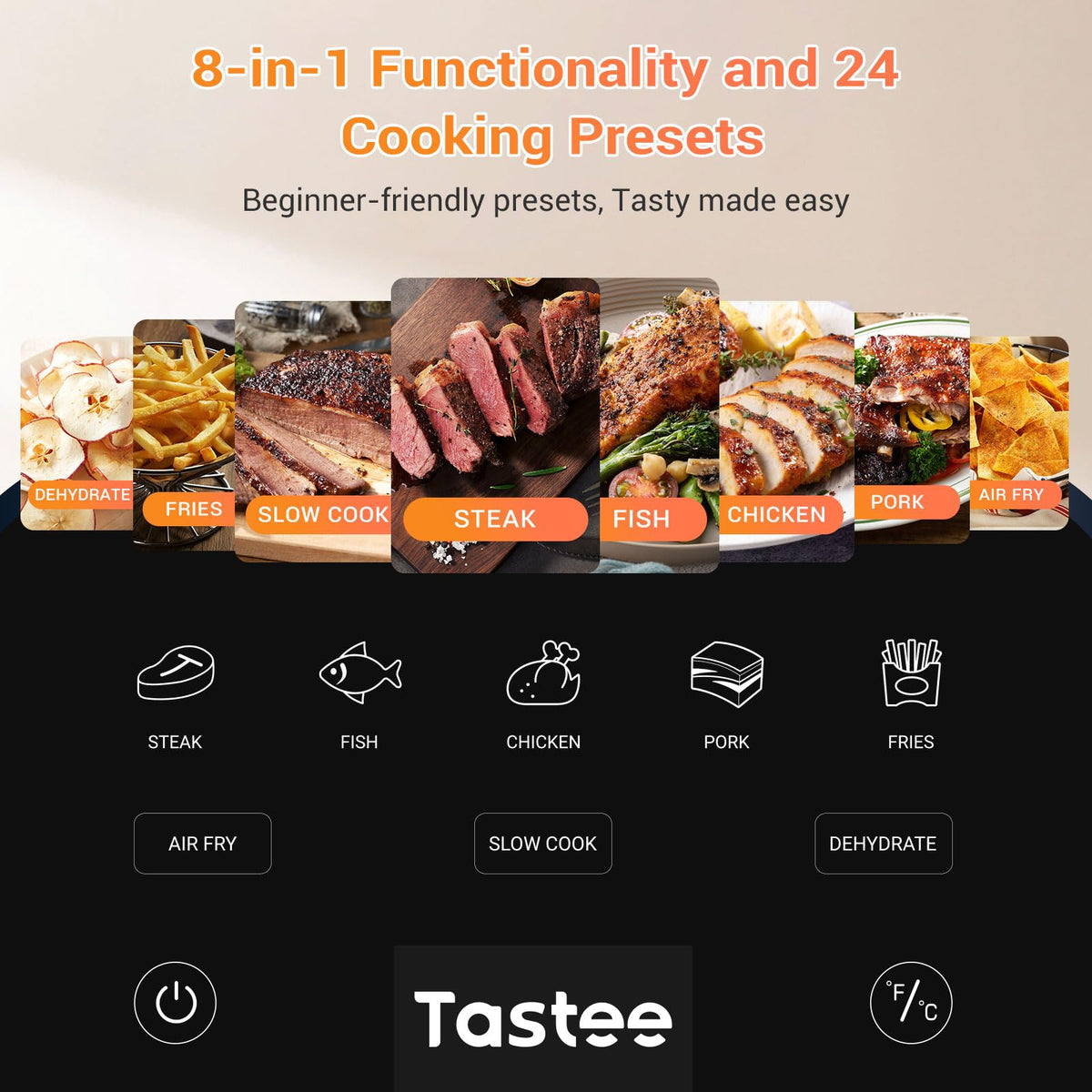 Tastee Ceramic Air Fryer, 8-in-1 Compact 5.5QT AirFryers, 450°F Digital Airfryer Dehydrator with Smart Probe, 24 Presets One-touch Cooking, In-app Recipes with Window, Dishwasher-safe & Non-stick