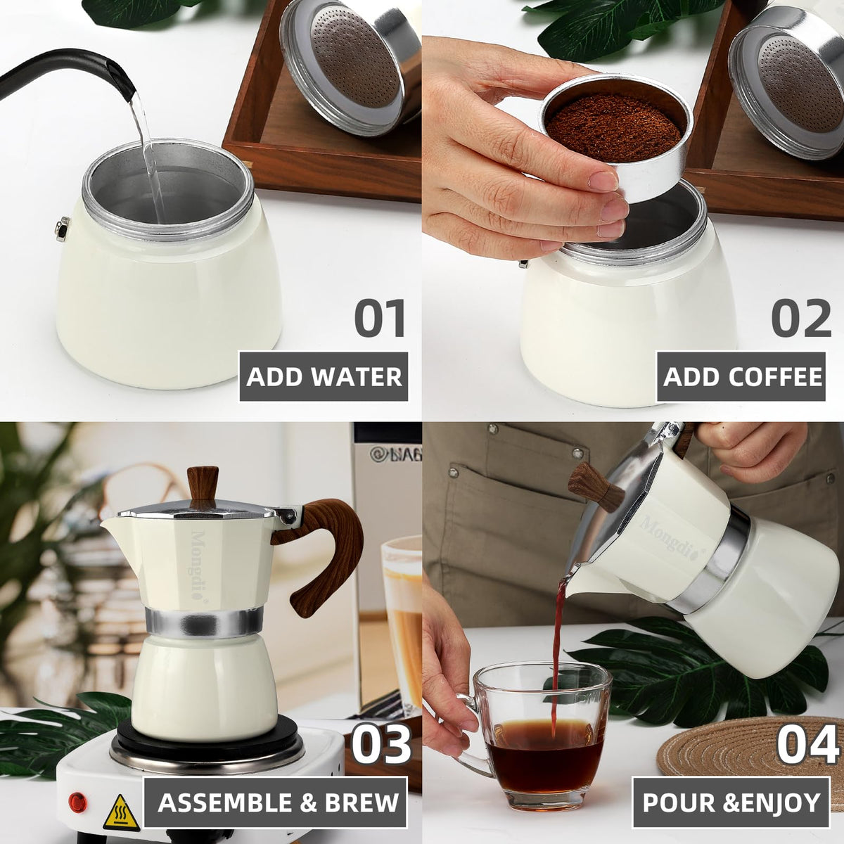 Mongdio Stovetop Espresso Maker Moka Pot, Cuban Coffee Maker Stove Top Coffee Maker Moka Italian Espresso Greca Coffee Maker Brewer Percolator, 6 Espresso Cups, 10 oz - Black