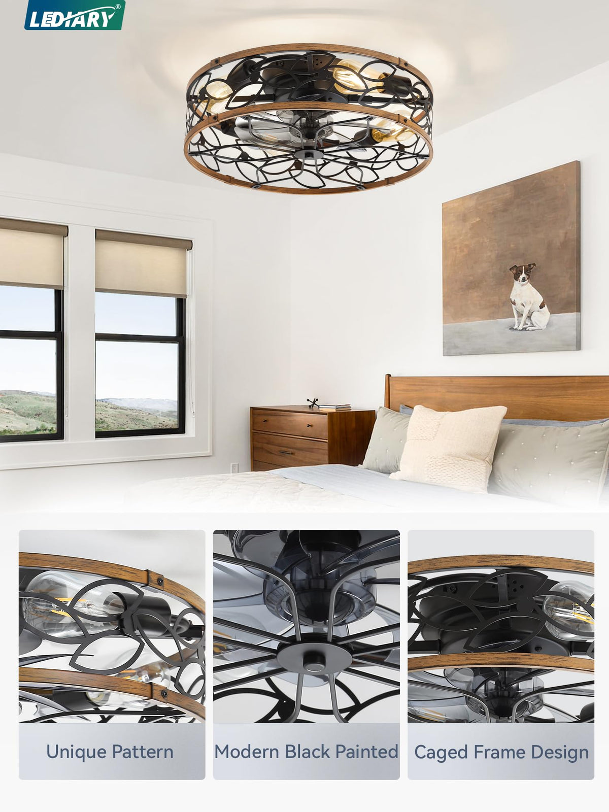 LEDIARY Caged Ceiling Fan with Light, Flush Mount Fandalier with Remote