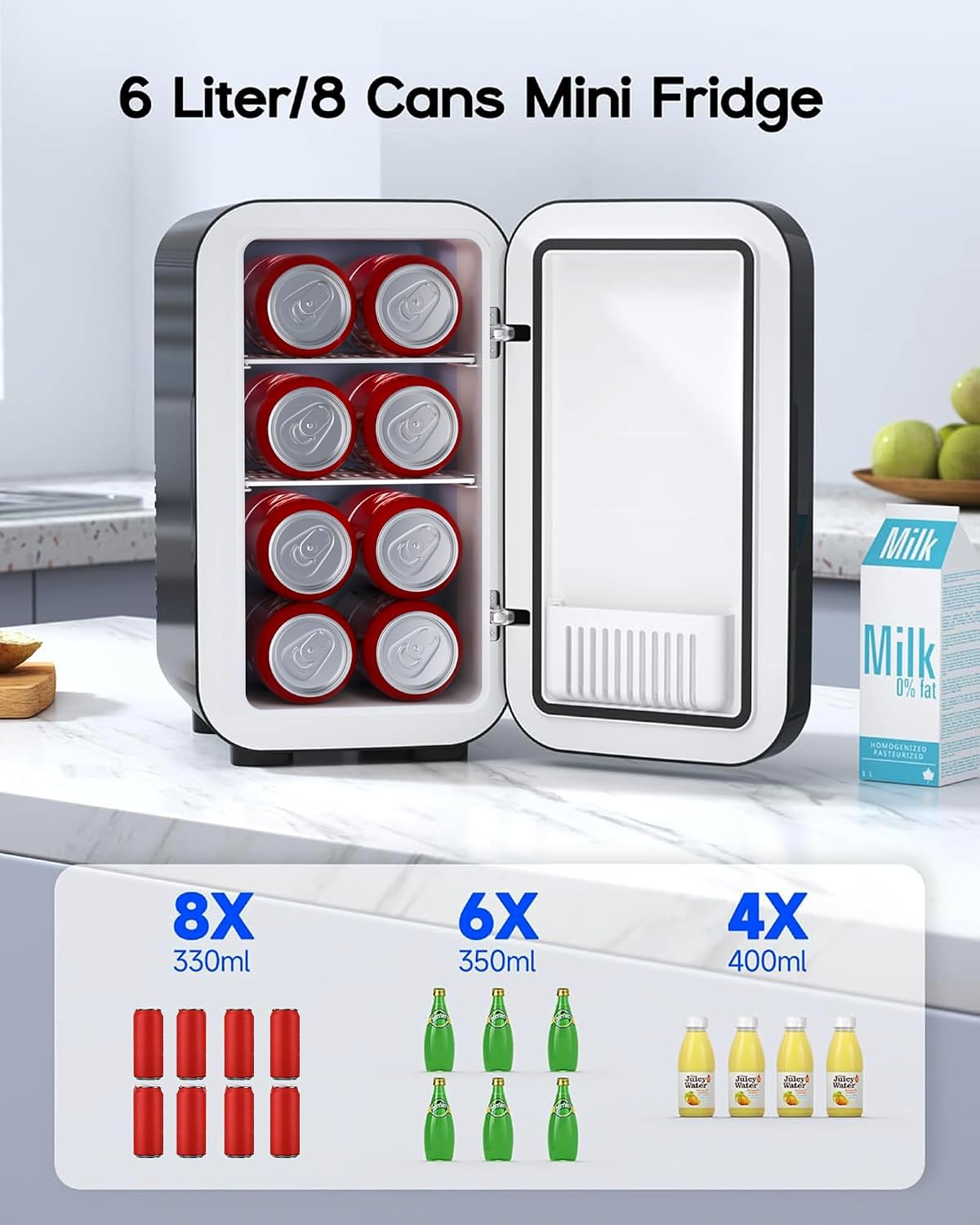 Mini Fridge,6 Liter / 8 Can Small Fridge for Bedroom, Car, Office