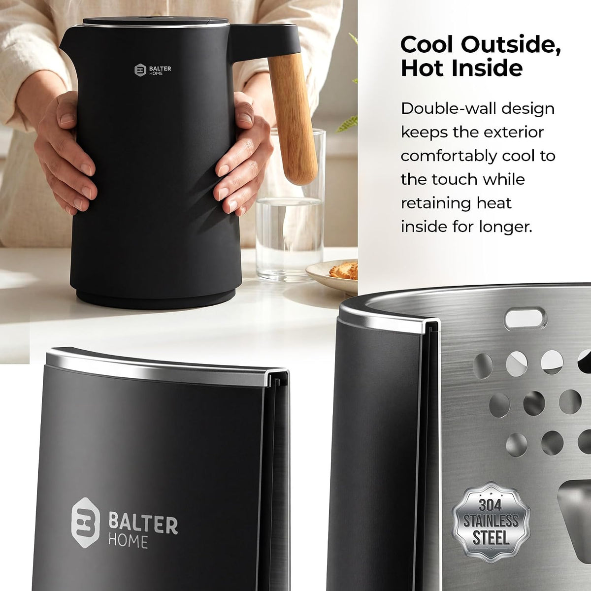 BALTER Electric Kettle with Temperature control, 113 °F – 212 °F, Tea pot, Stainless steel, double wall water kettle, BPA-free, 1.5 L, Black