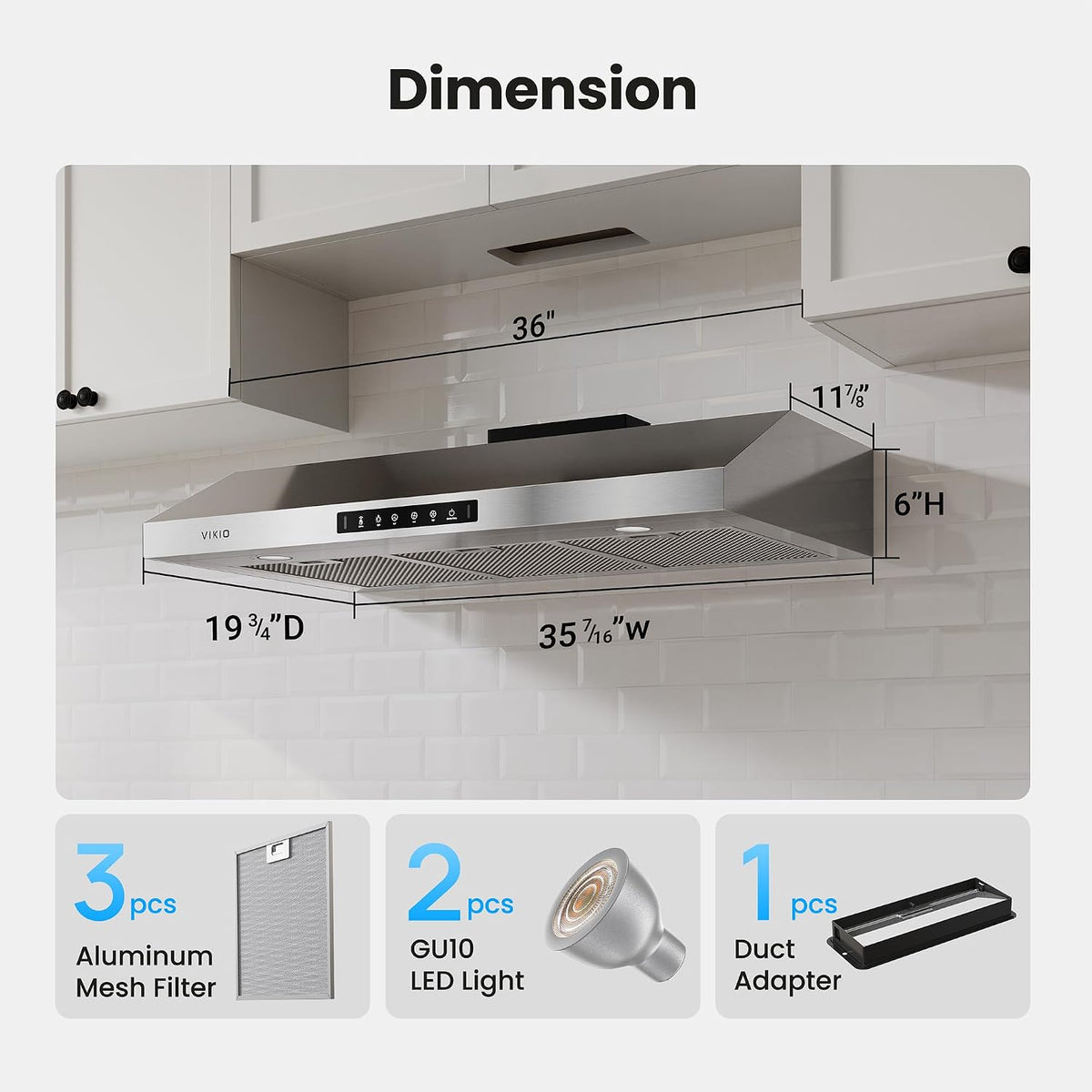 VIKIO HOME 36 Inch Under Cabinet Range Hood 900 CFM, Dual Motor Powerful Kitchen Vent Hood, Gesture & Touch Control, Ultra Quiet DC Motor, Dishwasher-Safe Filters, LED Lights, Stainless Steel