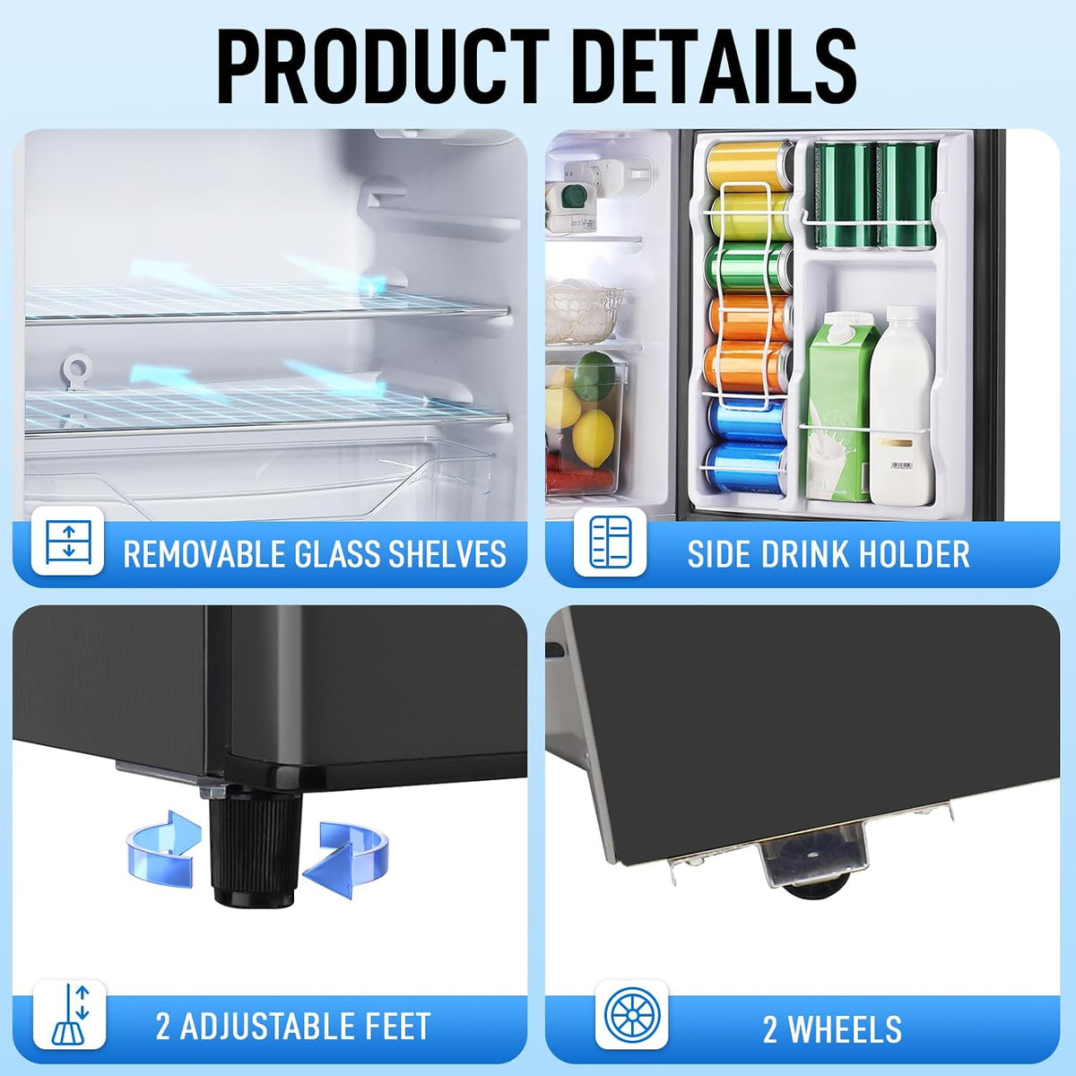 Mini Fridge with Freezer, 3.5 cubic feet 2- Doors Small Refrigerator Features 7 Gear Mechanical Control, Side Bottle Rack, Ideal for Dorm, Kitchen, Apartment, Office, Silver