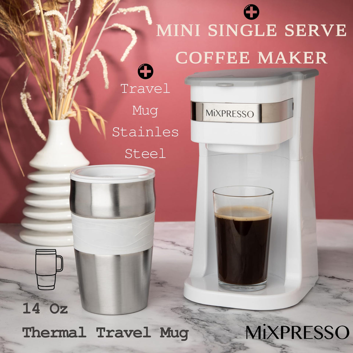 Mixpresso Single Serve & Single Cup Coffee Maker with 14oz Travel Mug Black