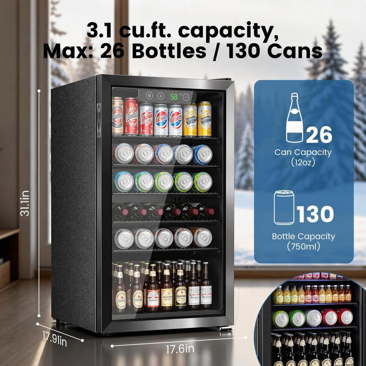 Electactic Mini Fridge 130 Can Beverage Refrigerator Cooler, 3.2 Cu.Ft Drink Fridge forSoda Wine Beer, Digital Temperature Control Cooler for Home, Dorm, Bar