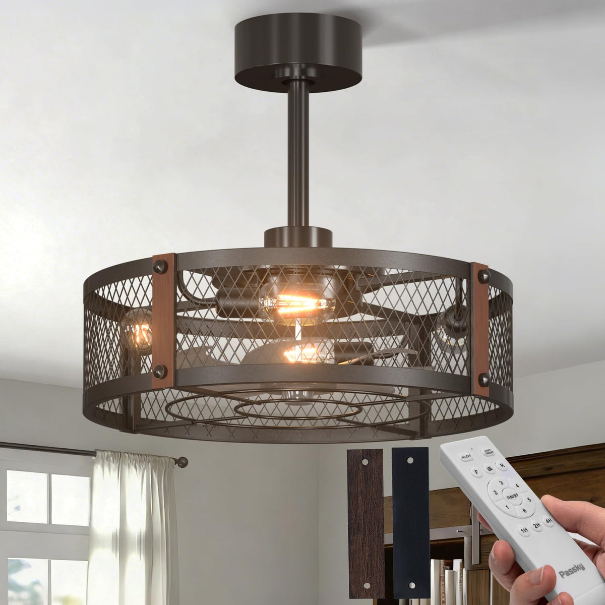 Passky 20" Caged Ceiling Fans with Lights and Remote, Low Profile Fandelier