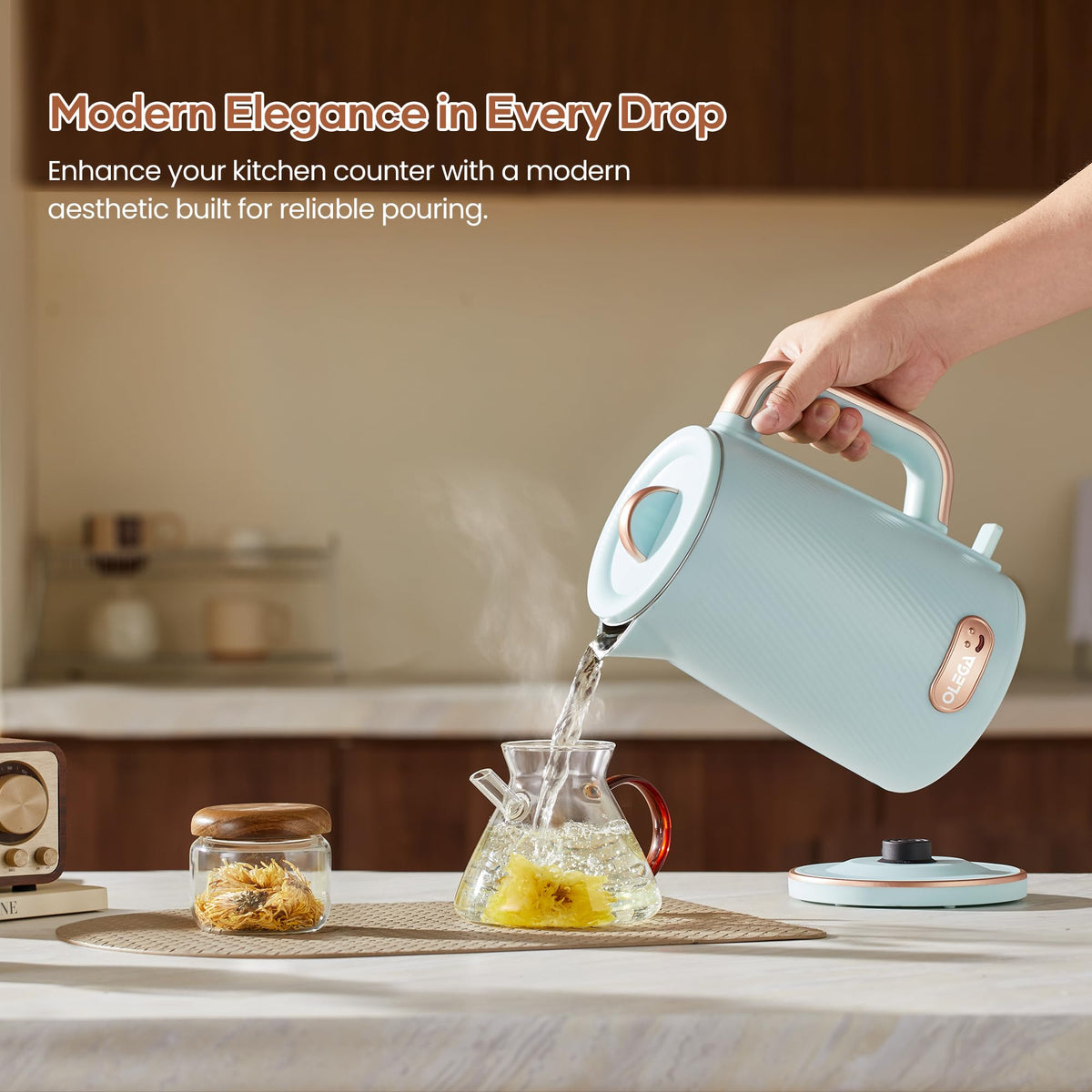 OLEGA Electric Kettle: 1200W Fast Boil Electric Water Kettles, 1.5L Double Wall Stainless Steel Tea Kettle, Auto Shut-Off, BPA-Free Hot Water Boiler Teapot for Coffee & Tea -Ligth Green