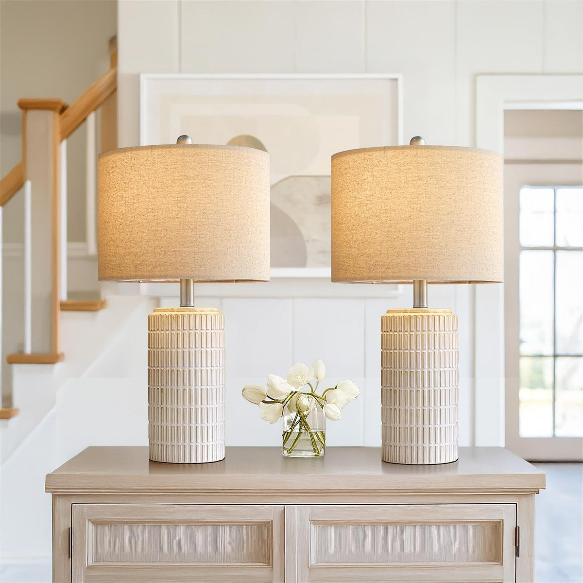 PoKat 20.75" Small Modern Ceramic Table Lamps Set of 2 for Bedroom, White
