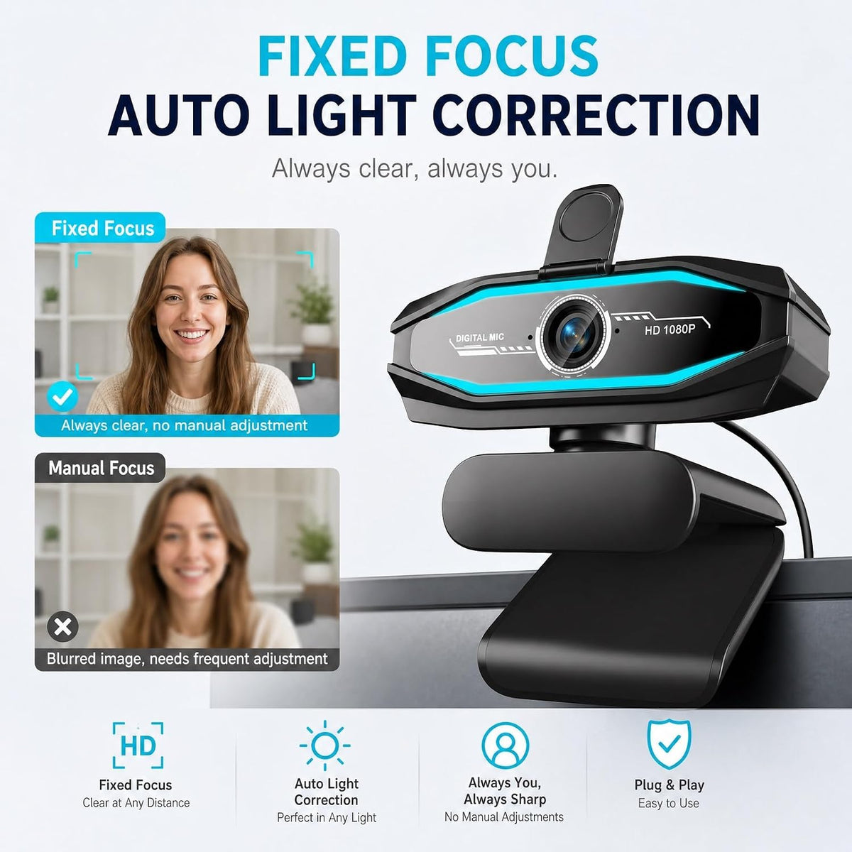 1080P Webcam for PC,90°FOV Web Camera with RGB Light Auto Light Correction