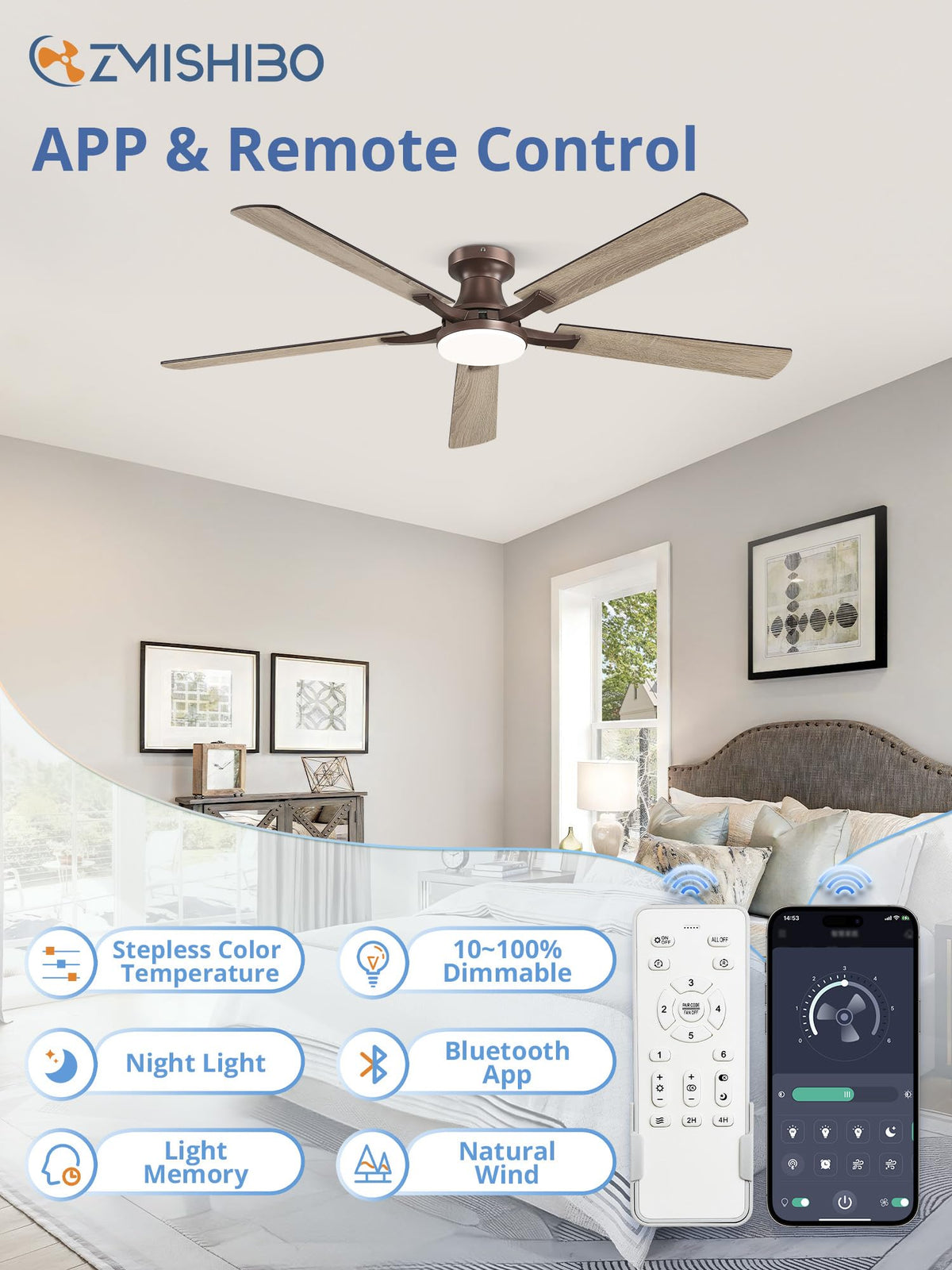 ZMISHIBO 52 Inch Ceiling Fans with Lights, Remote&App Control, Flush Mount