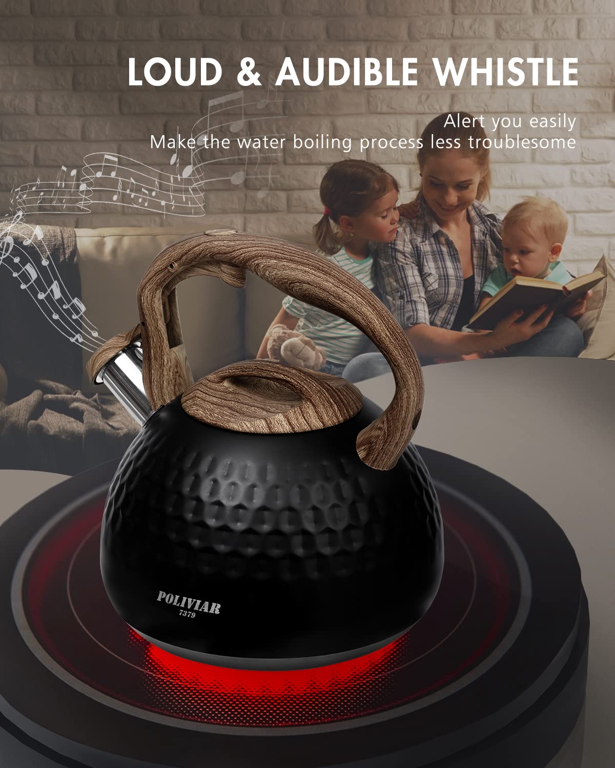 POLIVIAR Tea Kettle, 2.7 Quart Natural Stone Finish with Wood Pattern Handle Loud Whistle Food Grade Stainless Steel Teapot, Anti-Hot Handle and Anti-Rust, Suitable for All Heat Sources (JX2018-GR20)