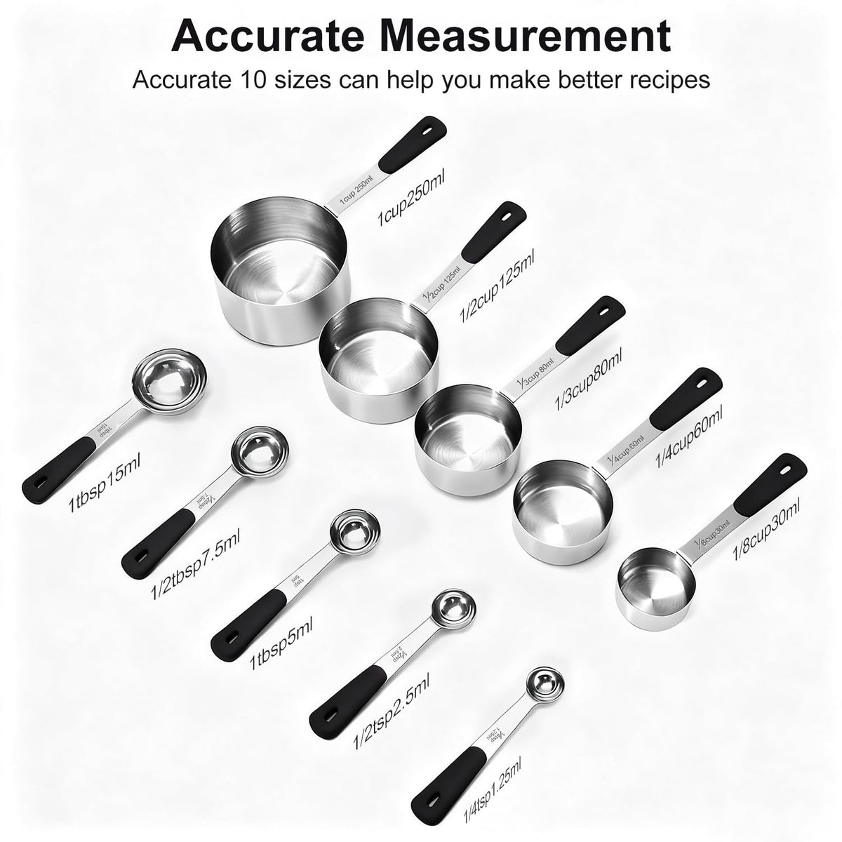 10-Pcs Stainless Steel Measuring Cups & Spoons Set, Colorful Handles
