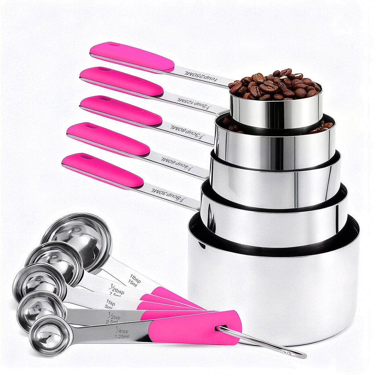 10-Pcs Stainless Steel Measuring Cups & Spoons Set, Colorful Handles