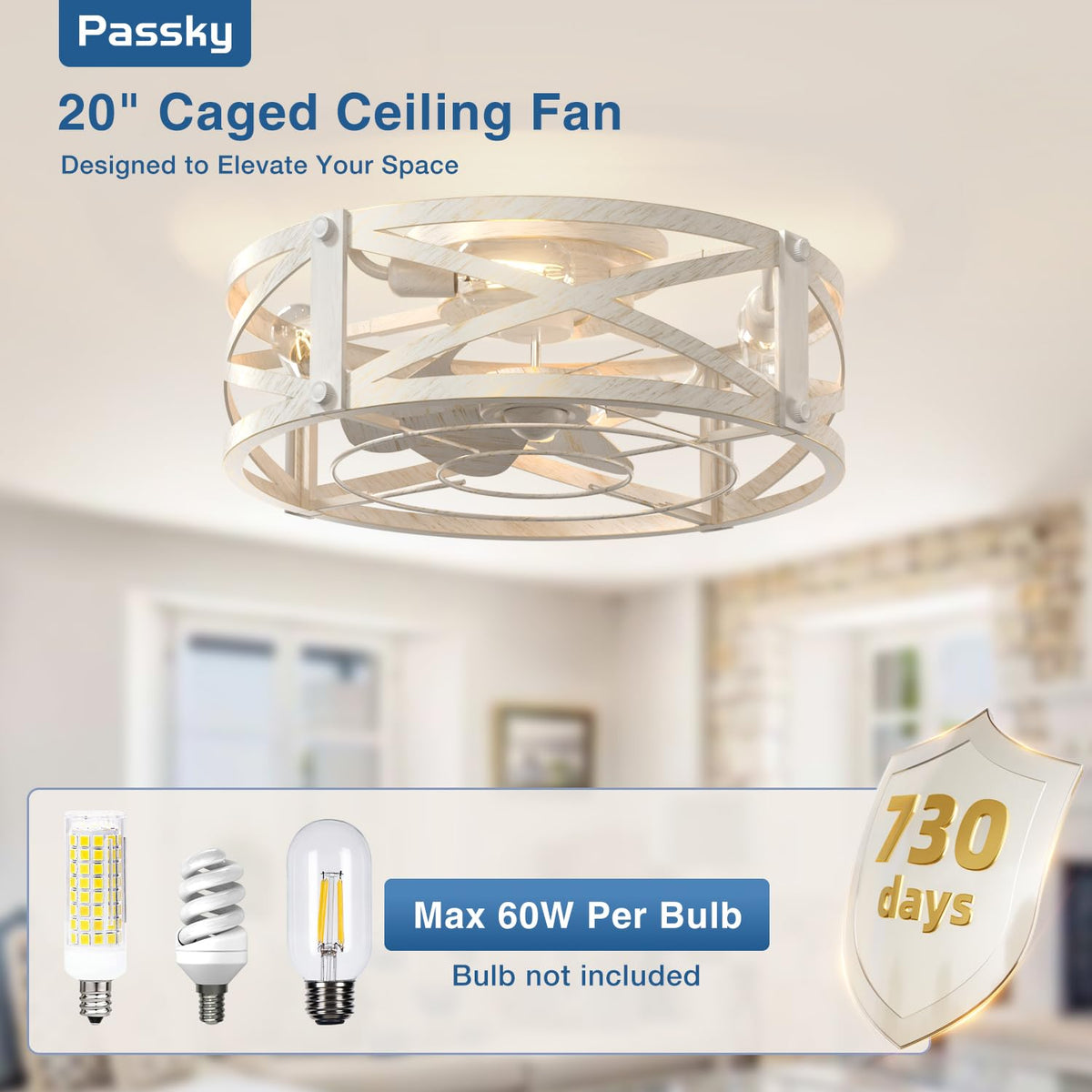 Passky 20" Caged Ceiling Fans with Lights and Remote, Low Profile Fandelier